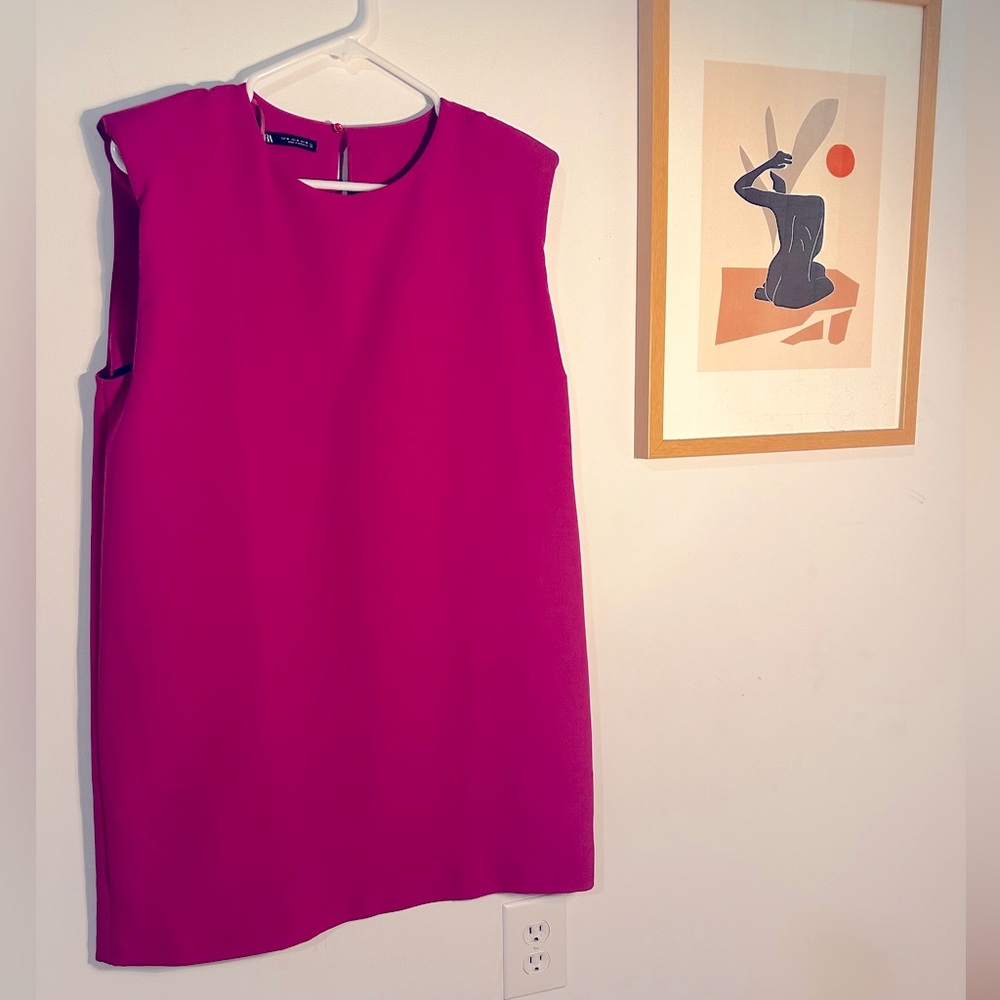 Zara fuchsia shift dress with padded shoulders, size medium
